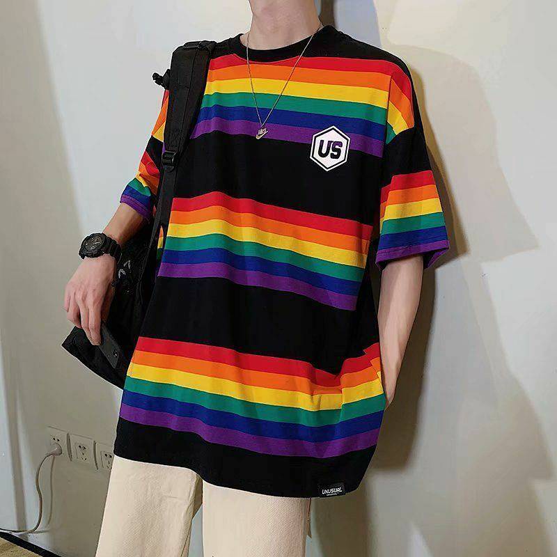 Summer Ins Rainbow Striped Short-Sleeved T-shirt Men and Women Couple Korean Style Fashion Brand Hip Hop Fried Street Loose Half Sleeve Shirt mdk3