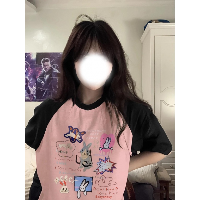 Áo Thun Raglan Tay Ngắn Dáng Rộng Màu Hồng Đen Thời Trang Mùa Hè Cho Nữ