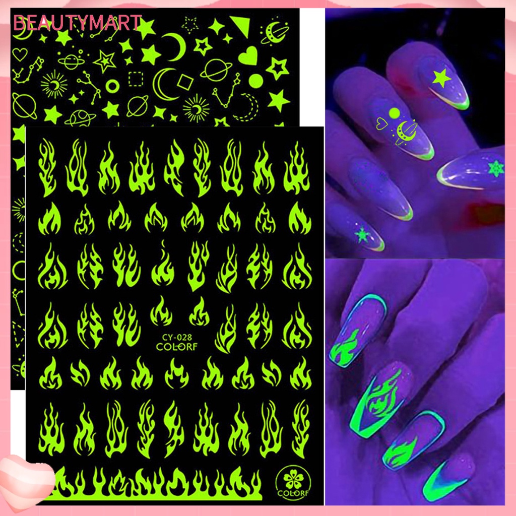 [beautymart] Miếng Dán Móng Tay Hiệu Ứng Dạ Quang Phát Sáng Trong Bóng Tối Hình Bướm Và Ngọn Lửa