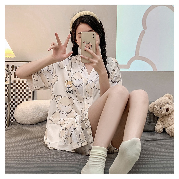 Bộ Đồ Ngủ Áo Tay Ngắn Phồng Cổ Chữ V Phối Quần Short Vải Cotton Thời Trang Mùa Hè Mới Cho Bạn Gái