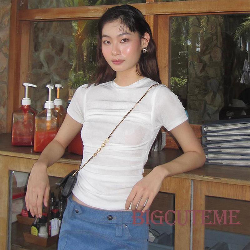 Áo Thun Ngắn Tay Cổ Tròn Xếp Ly Màu Sắc Đơn Giản Thời Trang Mùa Hè Cho Nữ