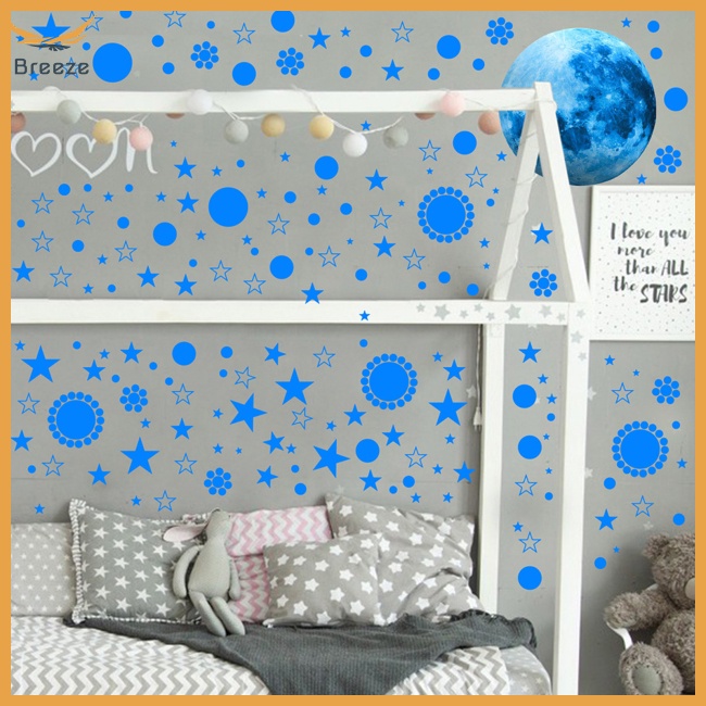 Bộ 3 Miếng Dán Tường Dạ Quang Tự Dính Hình Trăng Sao Trang Trí Phòng Bé Gái