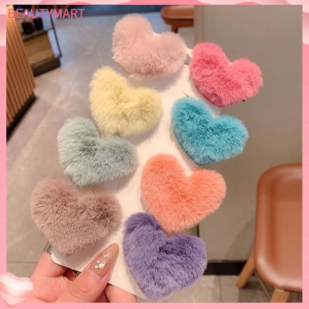 Kẹp Tóc Lông Chồn Nhân Tạo Hình Trái Tim Màu Sắc Ngọt Ngào Chống Trượt Cho Bé Gái