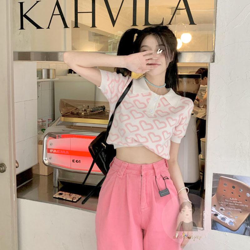 Áo Thun Dệt Kim Tay Ngắn 1 / 3 Nút In Hình Trái Tim Đơn Giản Dành Cho Nữ