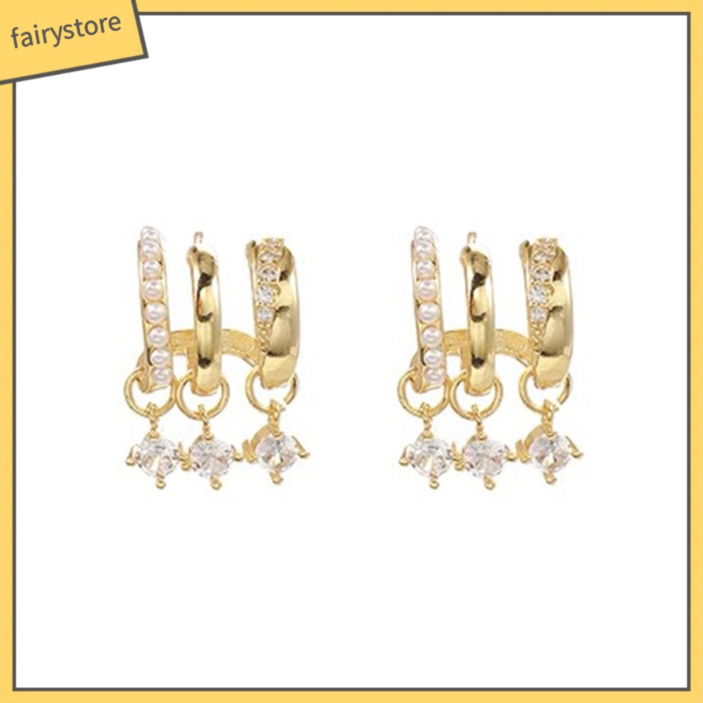 1 Đôi Bông Tai Hình Học Nhiều Lớp Đính Đá &amp; Ngọc Trai Giả