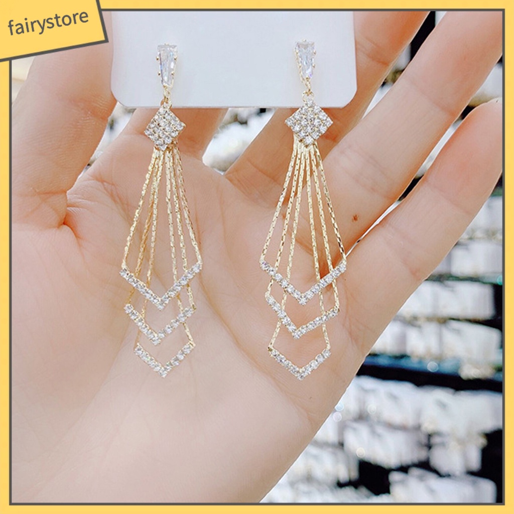 [FRO] Bông Tai Treo Ba Lớp Hình Thoi Đính Kim Cương Giả Lấp Lánh Dành Cho Nữ