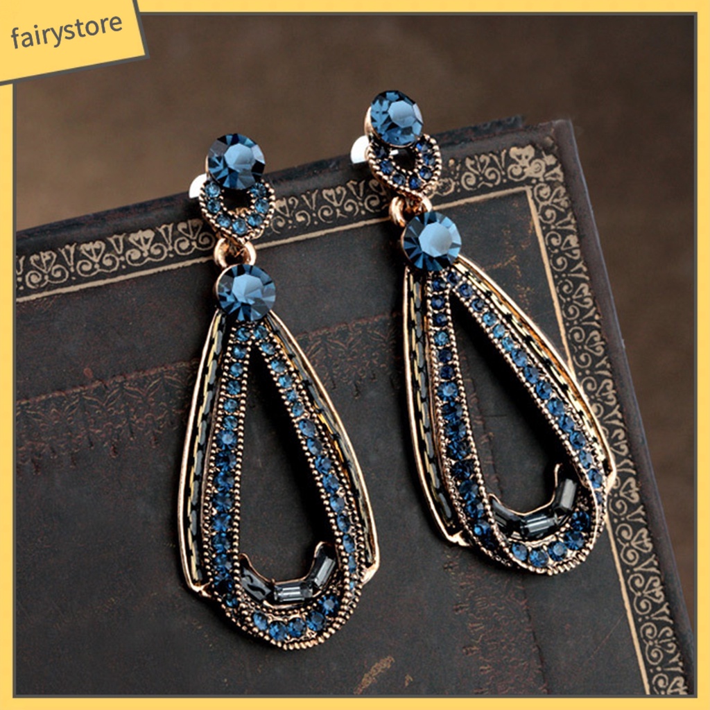 [FRO] Bông Tai Giọt Nước Đính Đá Xanh Lam Hình Giọt Nước Phong Cách Vintage Công Sở