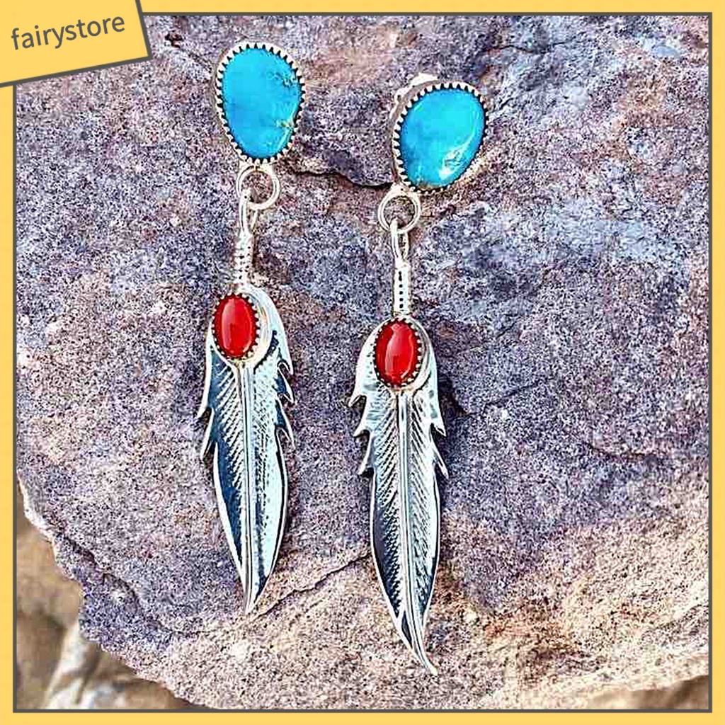 1 Đôi Bông Tai Dáng Dài Hình Lông Vũ Đính Đá Ngọc Lam Giả Thanh Lịch