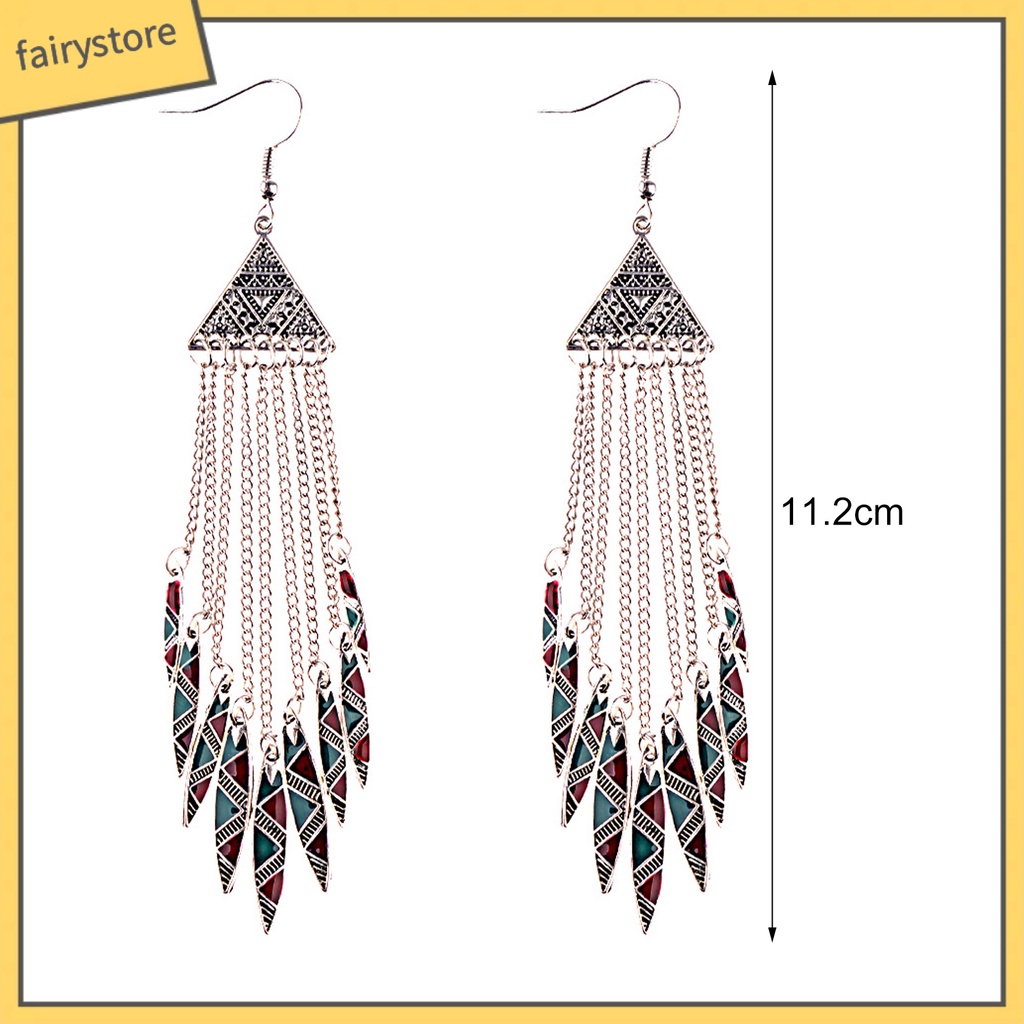 1 Đôi Bông Tai Dáng Dài Mặt Tam Giác Phối Tua Rua Phong Cách Vintage