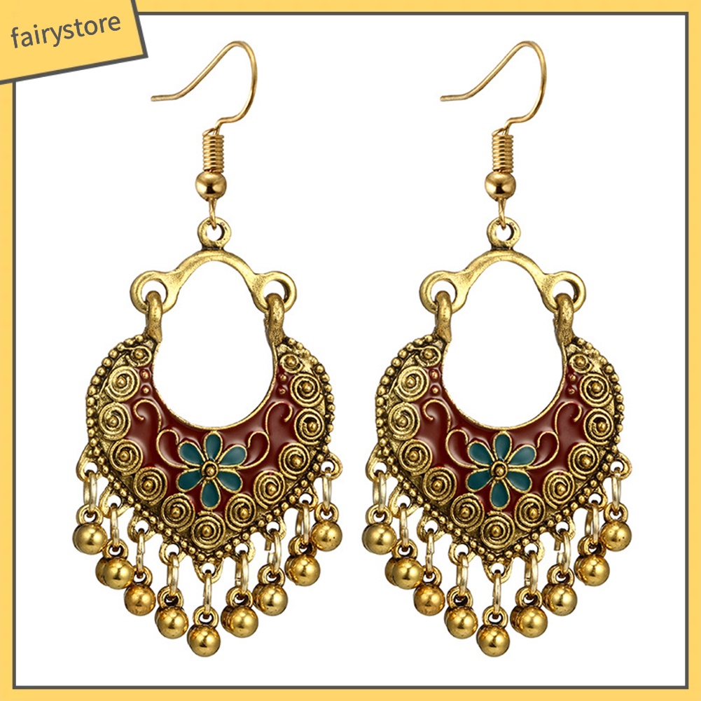 Khuyên Tai Móc Tua Rua Tráng Men Hình Hoa Phong Cách Bohemian Cho Nữ