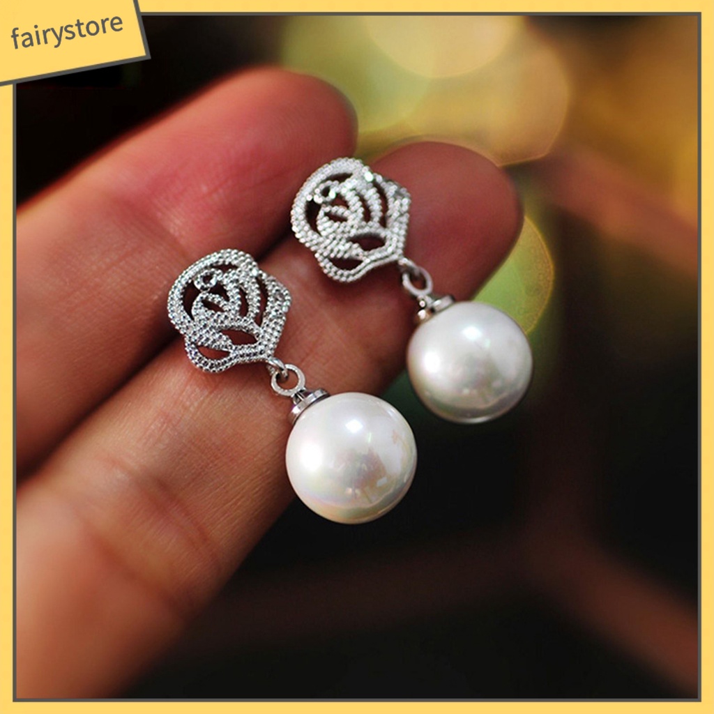 [FRO] Bông Tai Xỏ Lỗ Tròn Đính Hoa Hồng Ngọc Trai Giả Bằng Hợp Kim Thoải Mái Mặc Hàng Ngày Cho Nữ