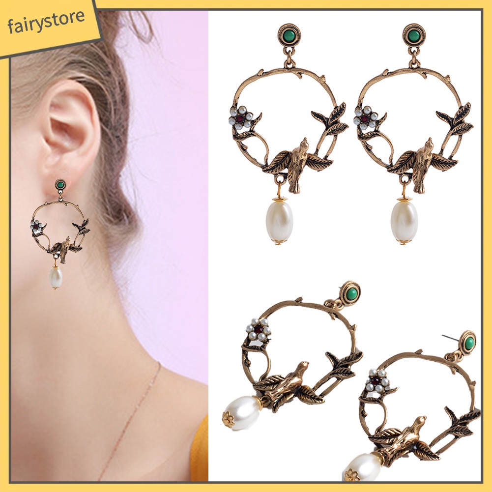 Bông Tai Hình Hoa / Chim Đính Ngọc Trai Giả Phong Cách Retro Dành Cho Nữ