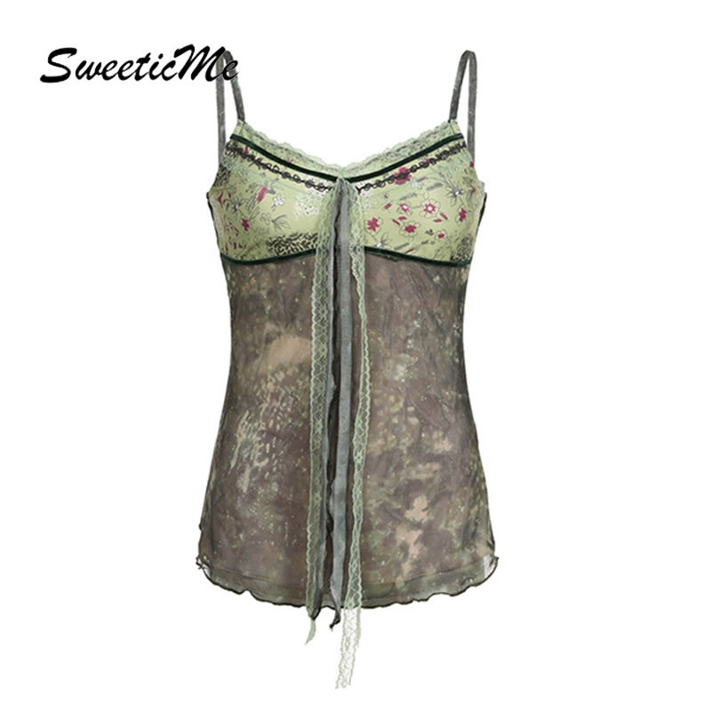 Áo Tank Top Ôm Dáng Phối Ren In Họa Tiết Kiểu Retro Thời Trang 2023 Cho Bạn Gái