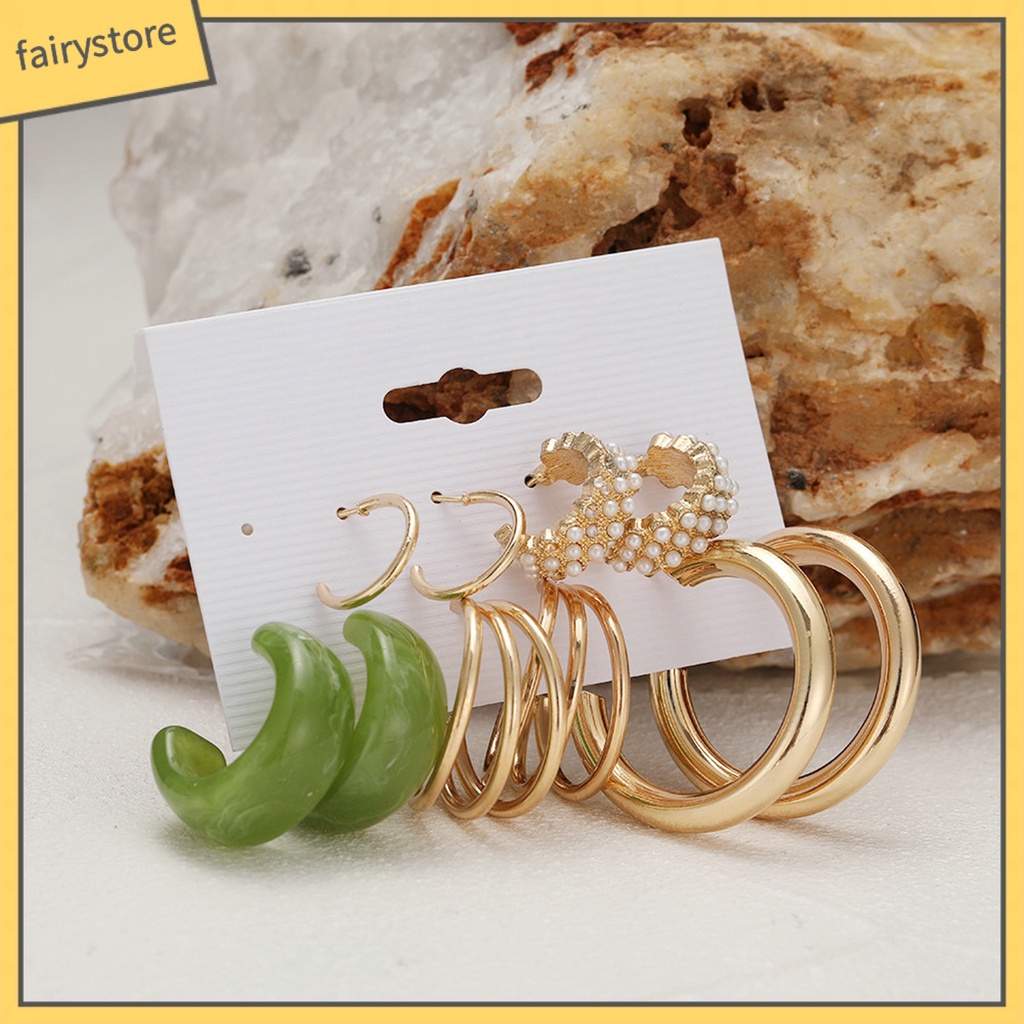 Set 5 Đôi Bông Tai Tròn Bằng Kim Loại Đính Ngọc Trai Nhân Tạo Phong Cách Bohemian