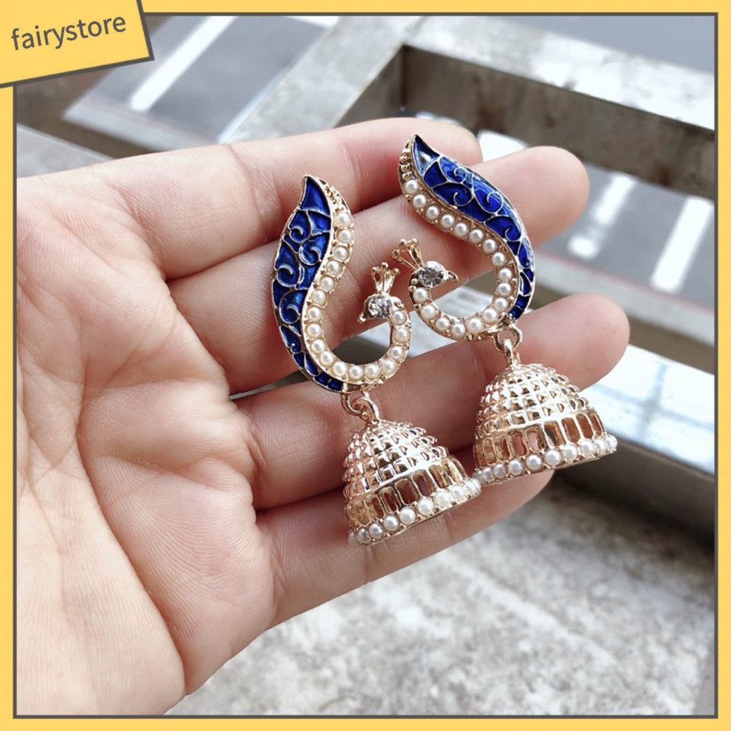 1 Đôi Bông Tai Hình Chim Công Đính Ngọc Trai Nhân Tạo Dành Cho Nữ