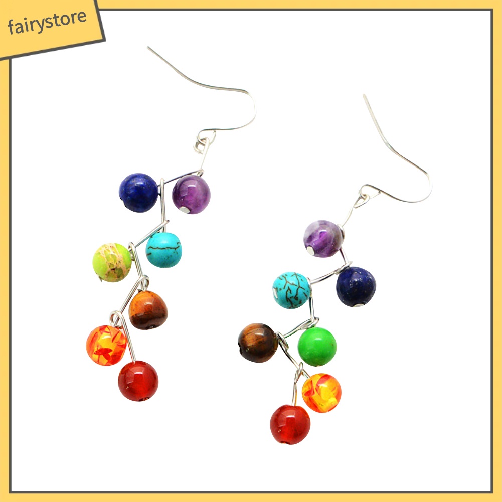 Bông Tai Chuỗi Hạt Đá Chakra 7 Màu Thời Trang Cho Nữ