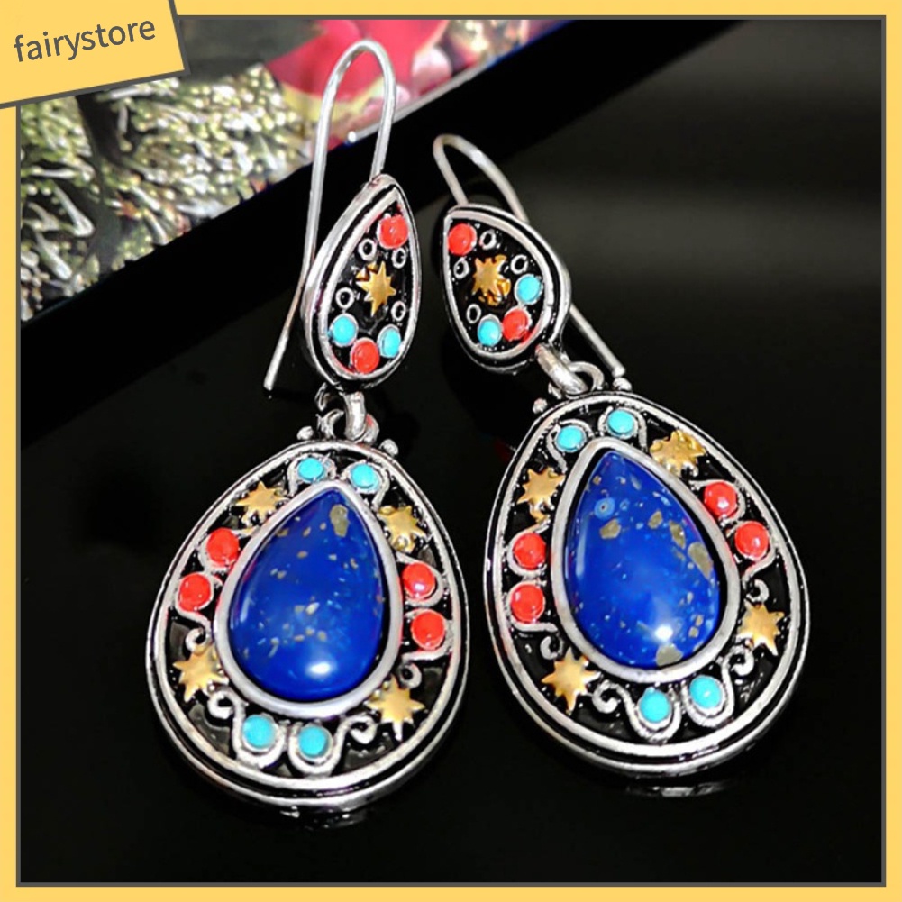 Bông Tai Hình Giọt Nước Đính Đá Ngọc Lam Giả Phong Cách Vintage Dành Cho Nữ