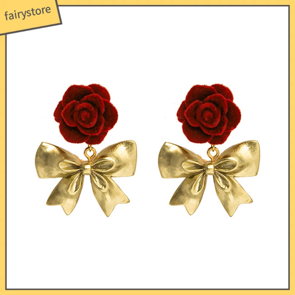 [FRO] 1 Đôi Bông Tai Thả Mạ Bạc Họa Tiết Hoa Hồng / Nơ Dáng Dài Lãng Mạn Cao Cấp