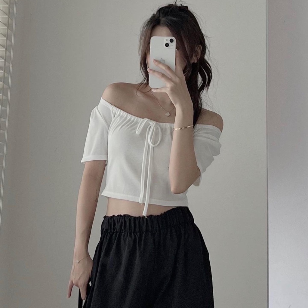 Áo thun nữ vải tăm rút dây style Hàn quốc hot 2023