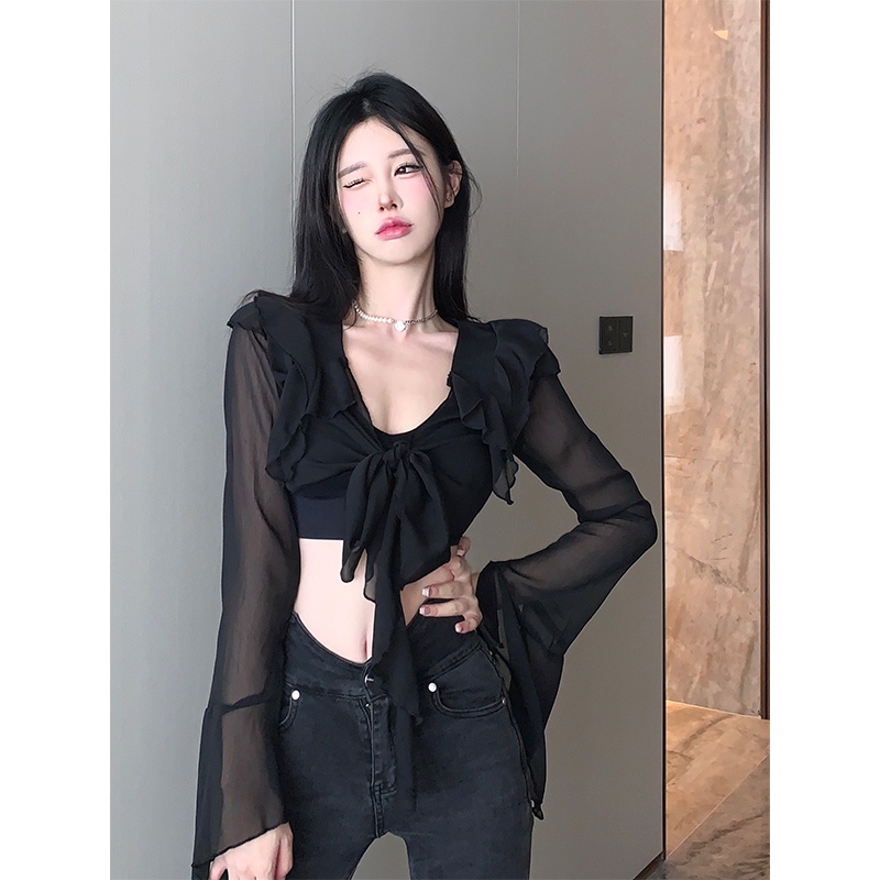 Áo Sơ Mi Chiffon Ngắn Phối Ren Tay Dài Cổ Chữ v Màu Đen Thời Trang Mùa Xuân Cho Nữ