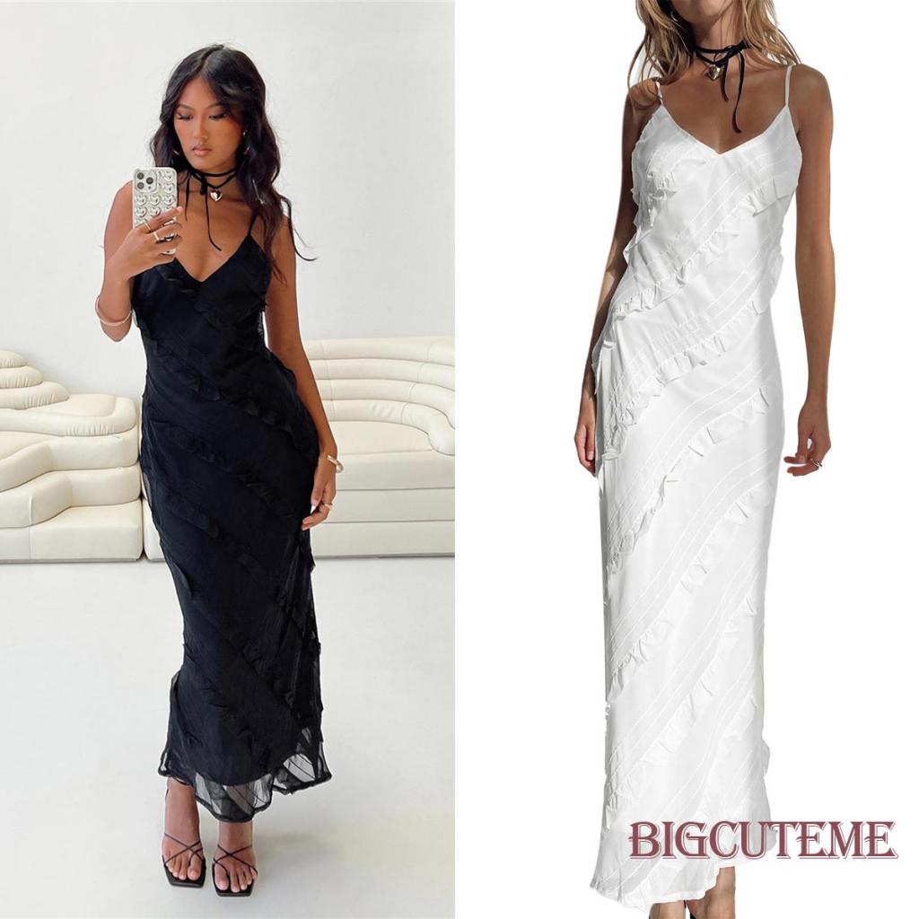 Đầm Dài Không Tay Cổ Chữ V Diềm Xếp Nếp Màu Sắc Thời Trang Mùa Hè Cho Nữ