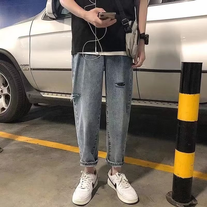 Quần Jean Dài Dáng Rộng Rách Gối Phong Cách Đường Phố Thời Trang Xuân Hè Cho Nam