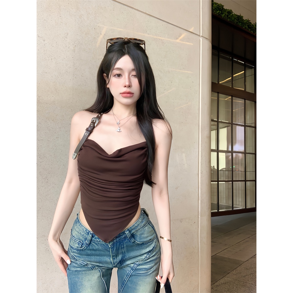 Áo Hai Dây Dáng Ngắn Xếp Ly Lệch Tà Thời Trang Mùa Hè Xinh Xắn Cho Nữ