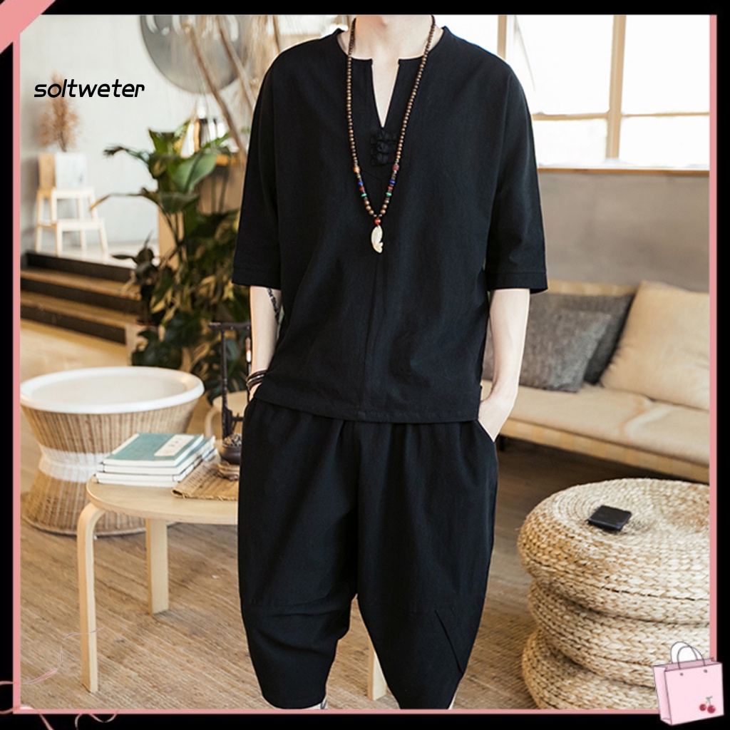 1 Bộ Quần Capri Màu Trơn Dáng Suông Có Túi Phong Cách Trung Hoa