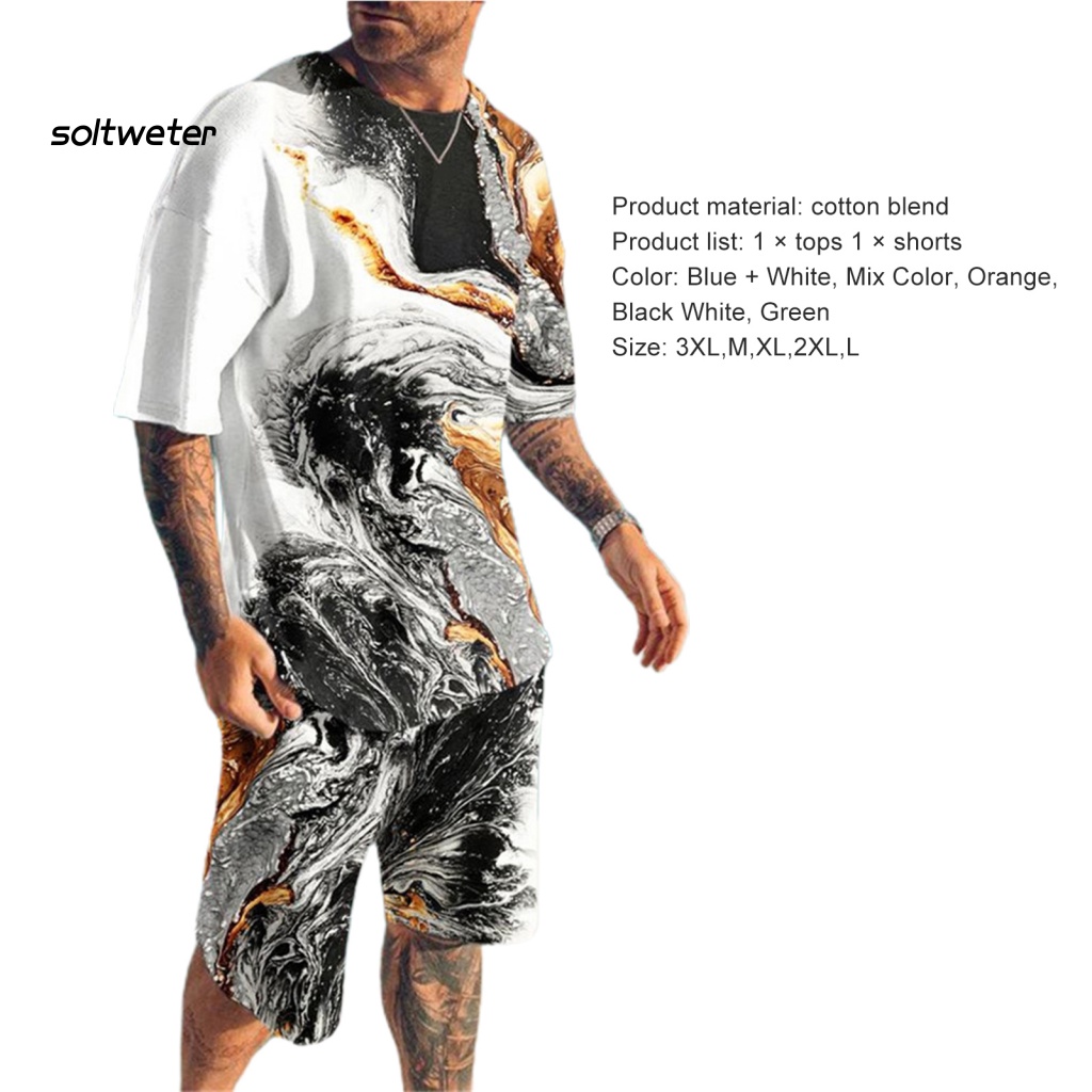 1 Bộ Áo Thun Cổ Tròn In Họa Tiết 3D + Quần Short Lưng Thun Phối Túi Thời Trang Đường Phố Mùa Hè