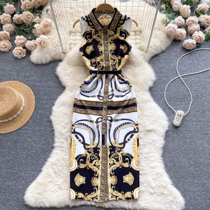 Đầm Cổ Bẻ Ôm Eo In Họa Tiết Vintage Thanh Lịch Thời Trang Mùa Hè Cho Nữ