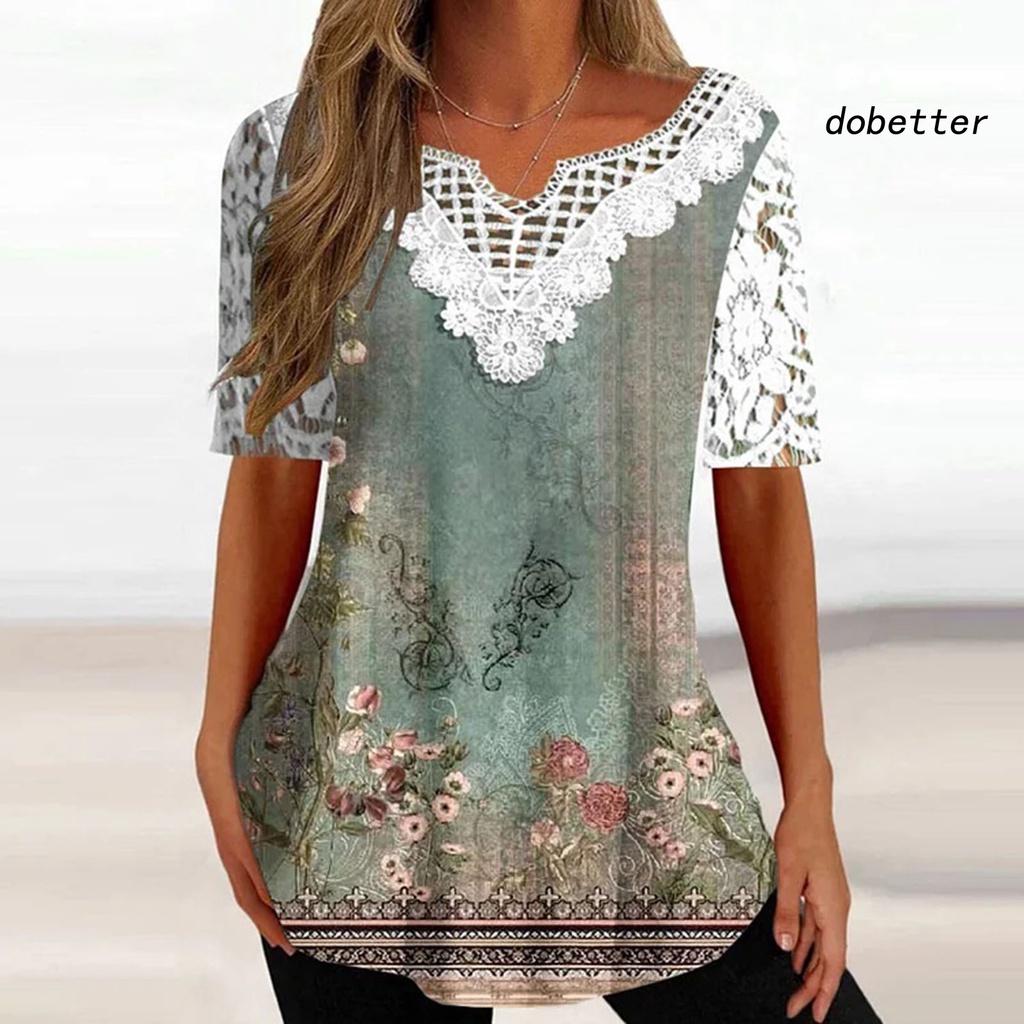 Áo Thun Tay Ngắn Cổ Chữ V Phối Ren Hoa Mỏng Dáng Rộng Co Giãn Thời Trang Đường Phố Cho Nữ