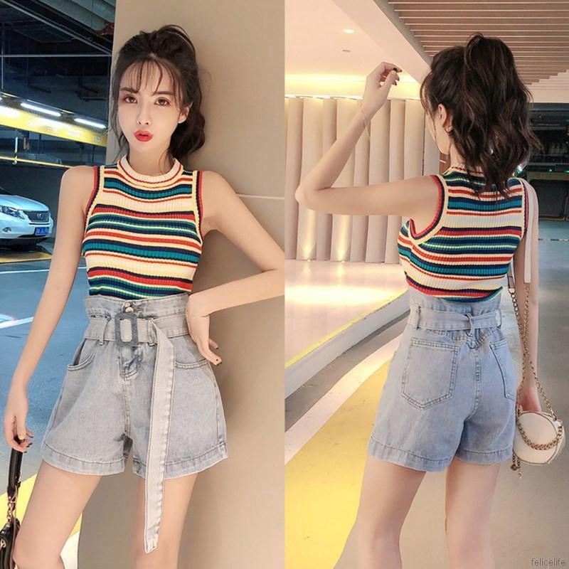 Áo Croptop Dệt Kim Sát Nách Kẻ Sọc Cầu Vồng Xinh Xắn Cho Nữ