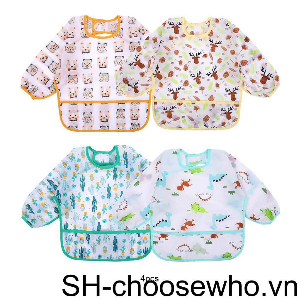Bộ 4 Tạp Dề Chống Nước Tay Dài In Hình Hoạt Hình Unisex Cho Trẻ Em