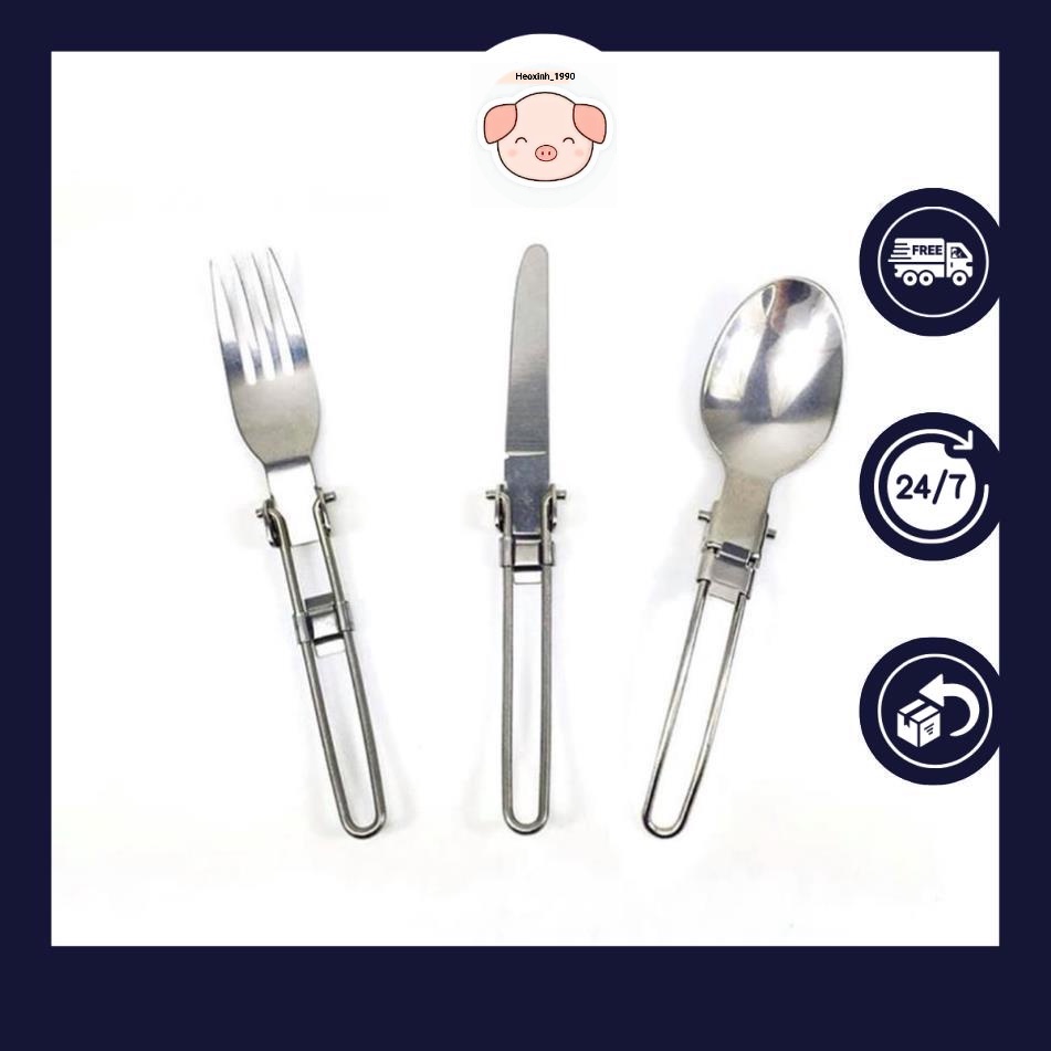 Bộ ba muỗng nĩa dao Inox dày dặn xếp gọn du lịch ngoài trời chất liệu thép không gỉ có hộp đựng xinh xắn tiện lợi