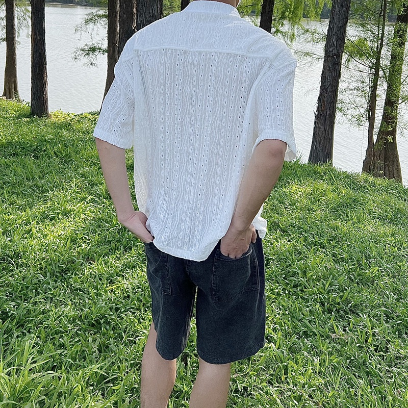 Áo Sơ Mi Ngắn Tay Màu Sắc Đơn Giản Phong Cách Harajuku Nhật Bản Cho Nam