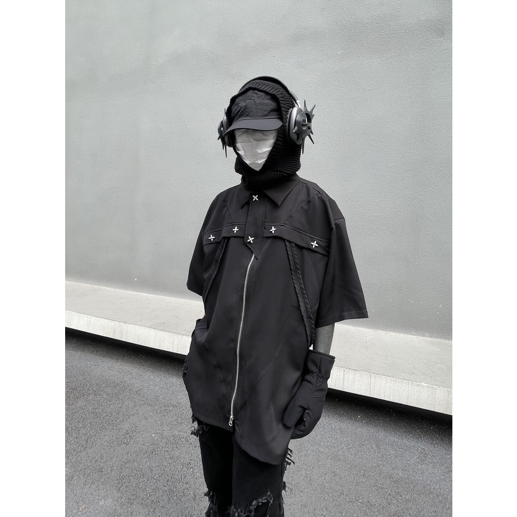 Trb 22SS Áo Sơ Mi Ngắn Tay Dáng Rộng Khóa Kéo Kim Loại Đường Phố Cao Cấp Tối Màu Dễ Phối Đồ