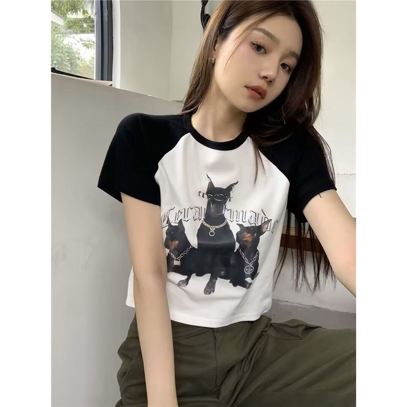 Áo Raglan Baby tee Thun croptop Ngắn Tay Lưng Cao Dáng Ôm In Họa Tiết Màu Sắc Tương Phản Thời Trang Mùa Hè Cho Nữ