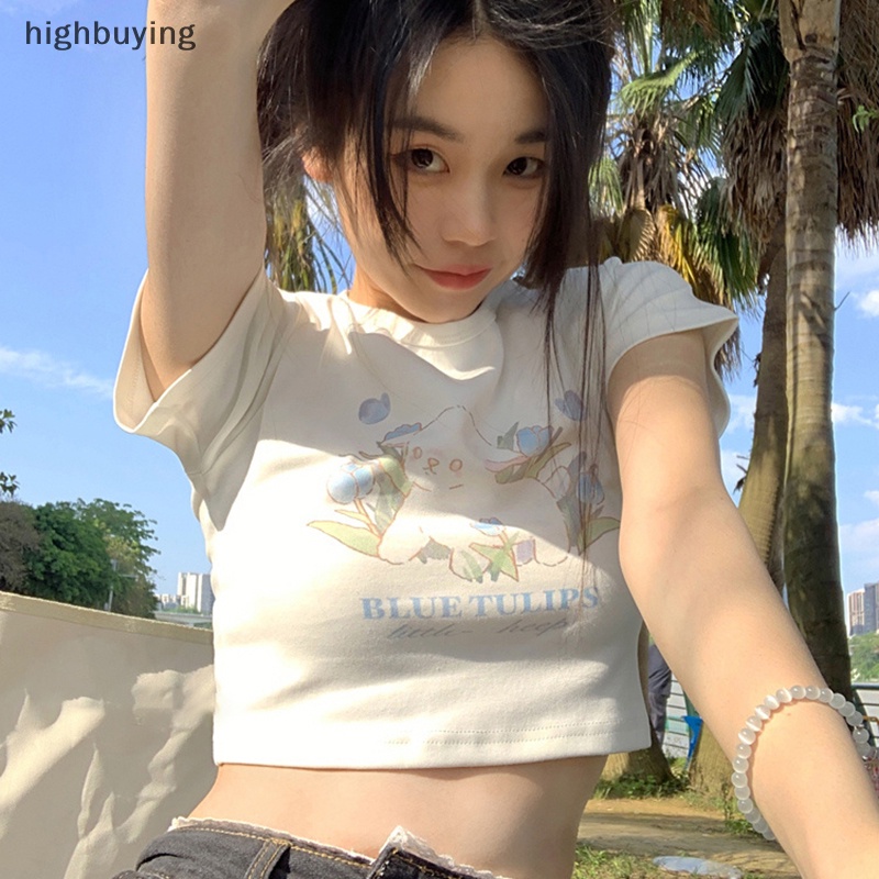 Áo Thun Lửng Tay Ngắn Cổ Tròn In Hình Cừu Hoạt Hình Phong Cách Retro Mỹ Cho Nữ