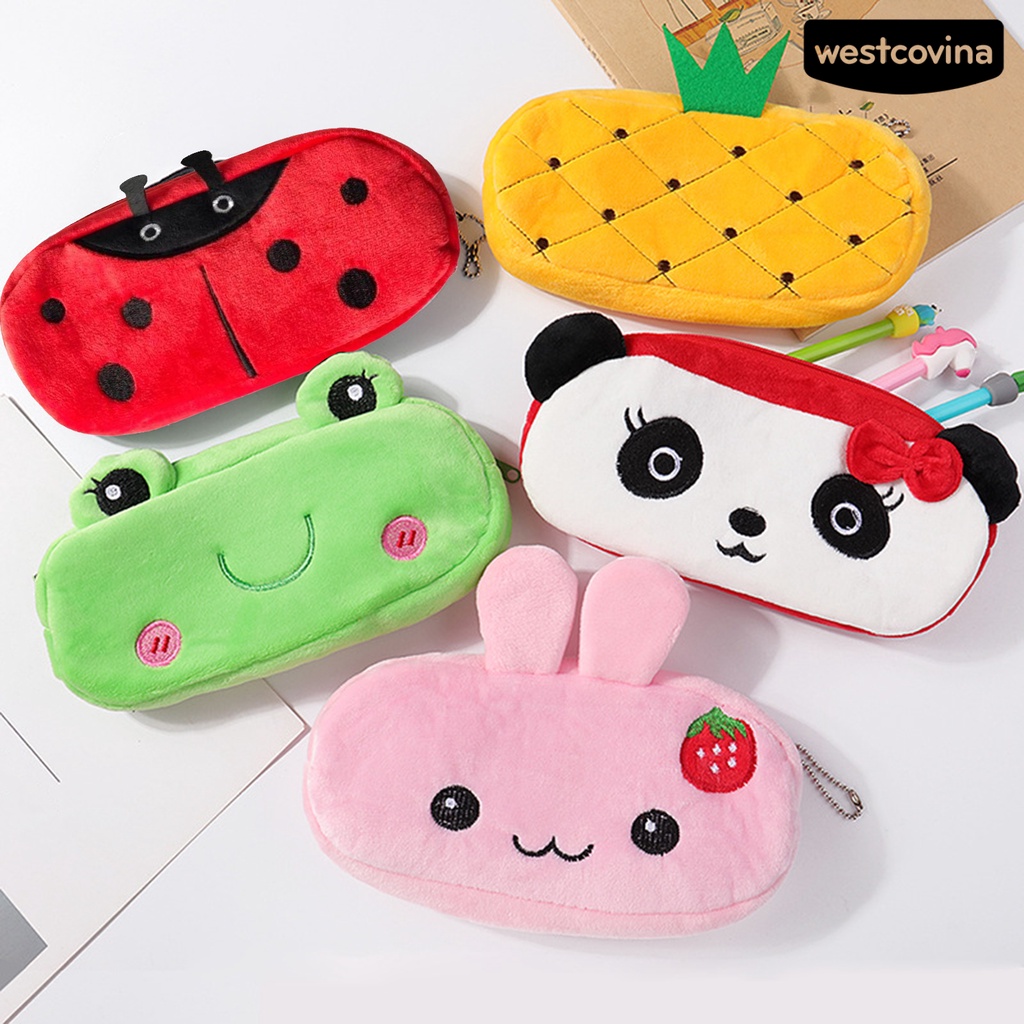 [WSTN]✎Túi Đựng Bút Bằng Vải Flannel Khóa Kéo Họa Tiết Dâu Tây Hoạt Hình Sáng Tạo