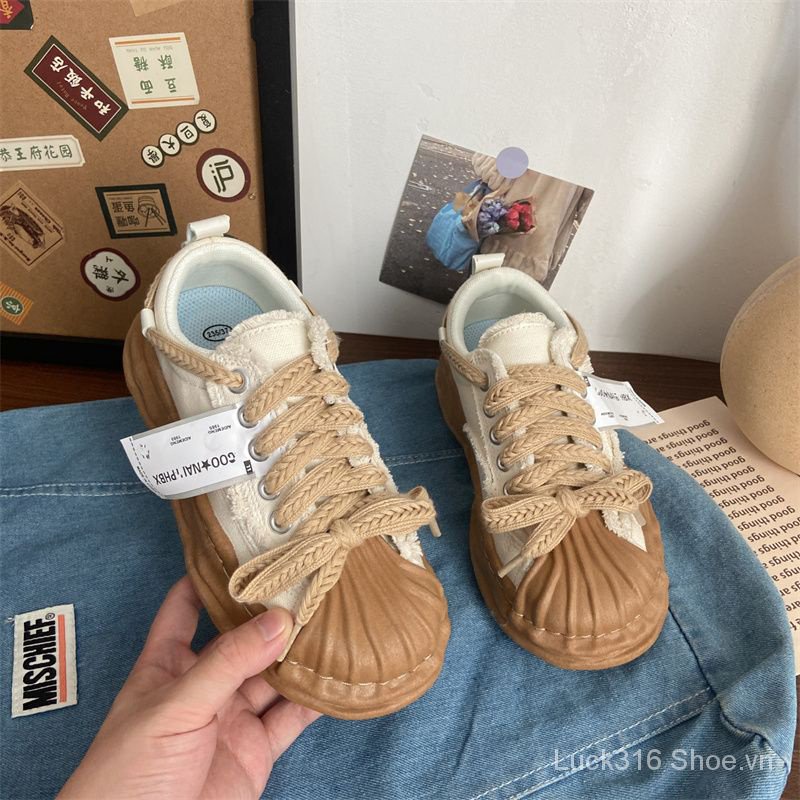 Giày Thể Thao Vải Canvas Đế Bằng Phối Vỏ Sò Thời Trang Mùa Thu 2023 Cho Nữ