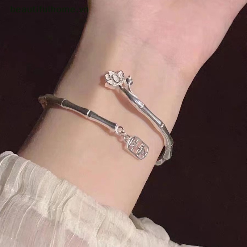 [beautifulhome] Vòng Đeo Tay Dạng Hở Bằng Tre May Mắn Mặt Chữ Lucky Màu Bạc Có Thể Điều Chỉnh Trang Sức Thời Trang Cho Nữ [beauty]