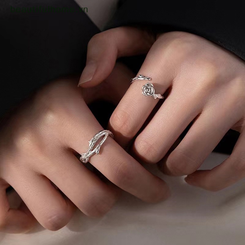 1 Cặp Nhẫn Hoa Hồng Màu Bạc Bằng Kim Loại Tùy Chỉnh Thời Trang Cho Nam Và Nữ