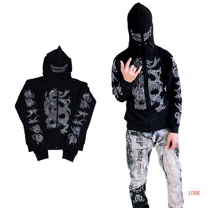 Xiangbao Áo Khoác Hoodie Tay Dài Có Túi Hình Rồng Đính Đá Kim Cương Giả Cho Nữ