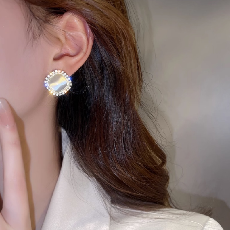 Khuyên Tai Đính Đá Opan Hình Vuông Phong Cách Hàn Quốc Thời Trang