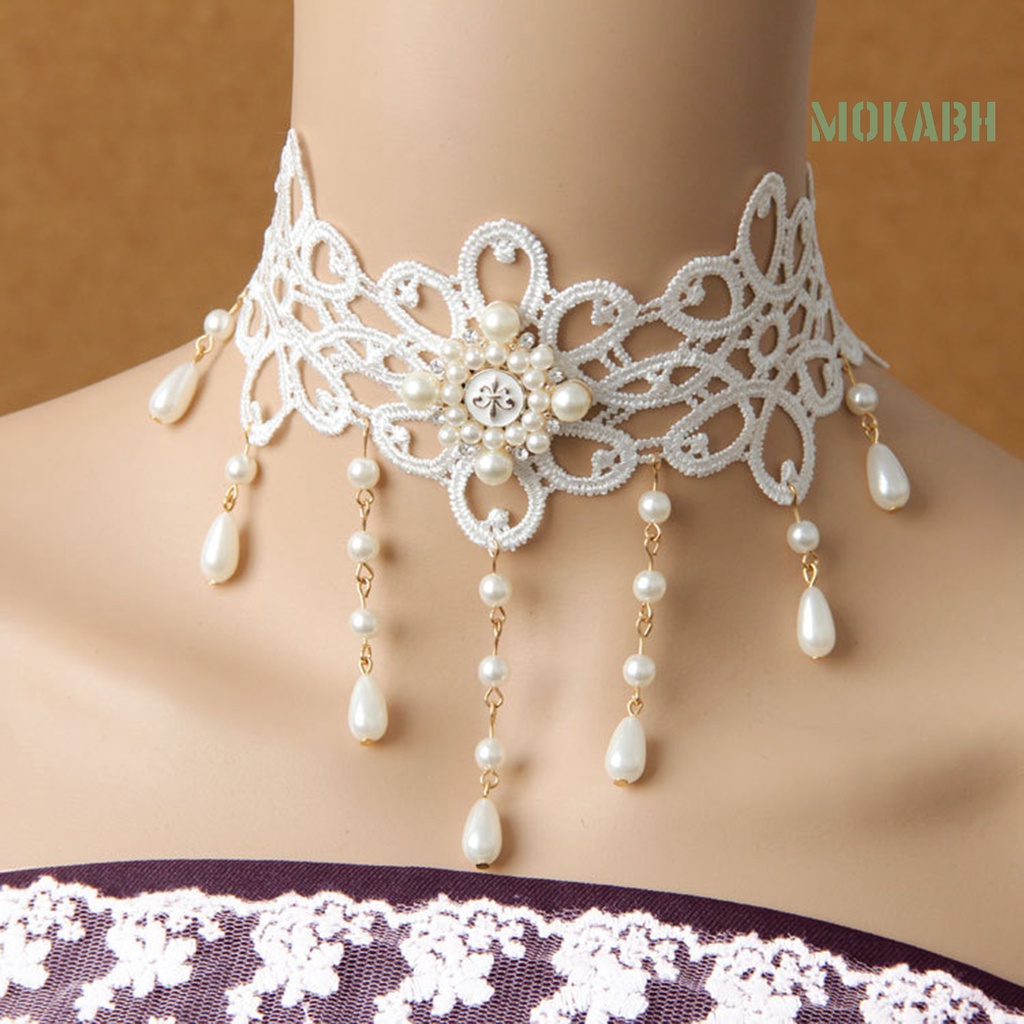 [Mokabh] Vòng Cổ Choker Ren Trắng Đính Ngọc Trai Giả Thanh Lịch Có Thể Điều Chỉnh Trang Sức Cưới Dành Cho Nữ