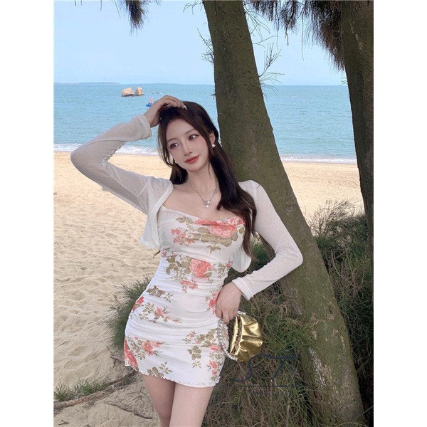 Đầm Hai Dây CY03 In Hoa Phối Lưới Phong Cách Cổ Điển Thời Trang Cho Nữ