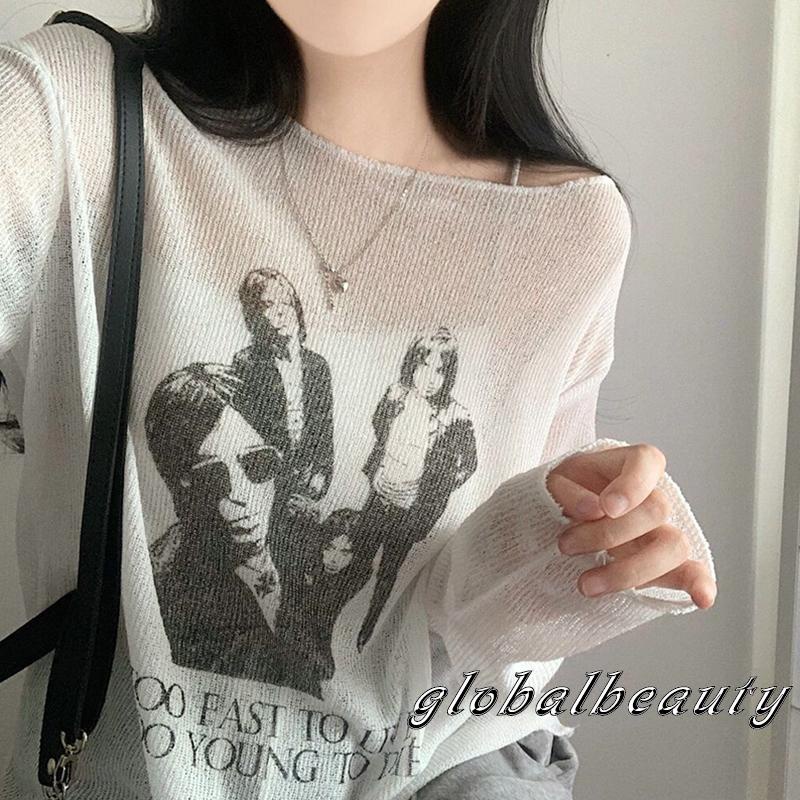 Áo Dệt Kim Mỏng Nhẹ Tay Dài Dáng Rộng In Họa Tiết Chân Dung Đơn Giản Dành Cho Nữ