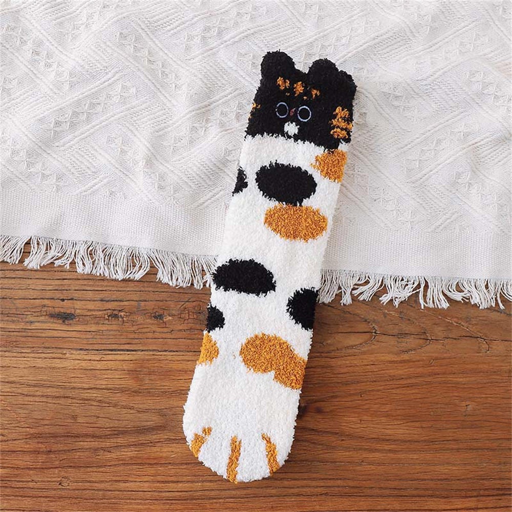 Women Home Coral Fleece Socks Kawaii Cat Claws Socks Winter Thick Warm Mid-thigh Socks Cute Cat Paws Floor Socks