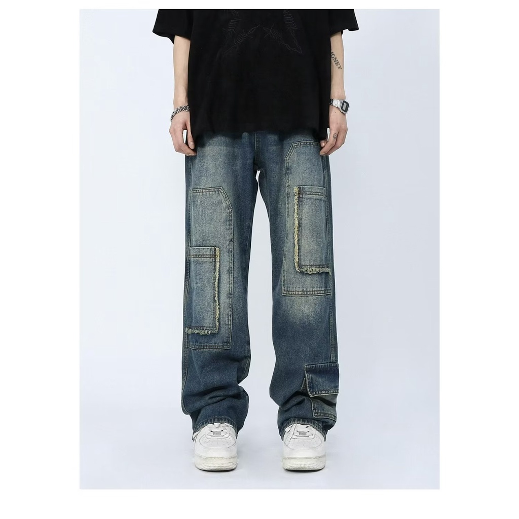 Quần Jean Dài Dáng Rộng Phối Nhiều Túi Phong Cách Retro
