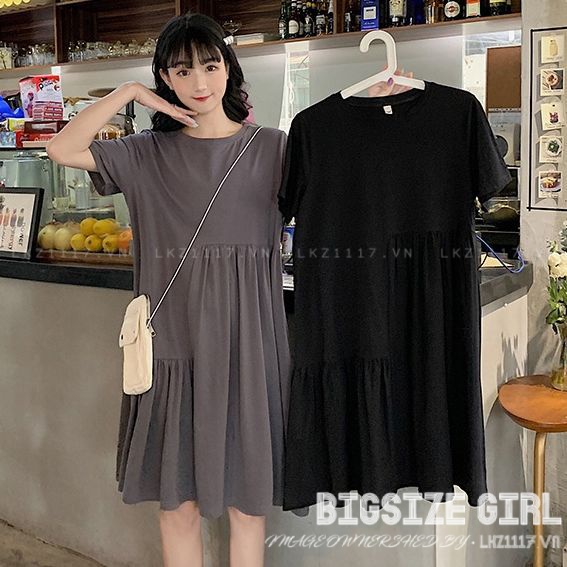 Váy đầm nữ Bigsize Đầm bầu dáng suông tay ngắn cổ tròn đen mùa hè Phon
